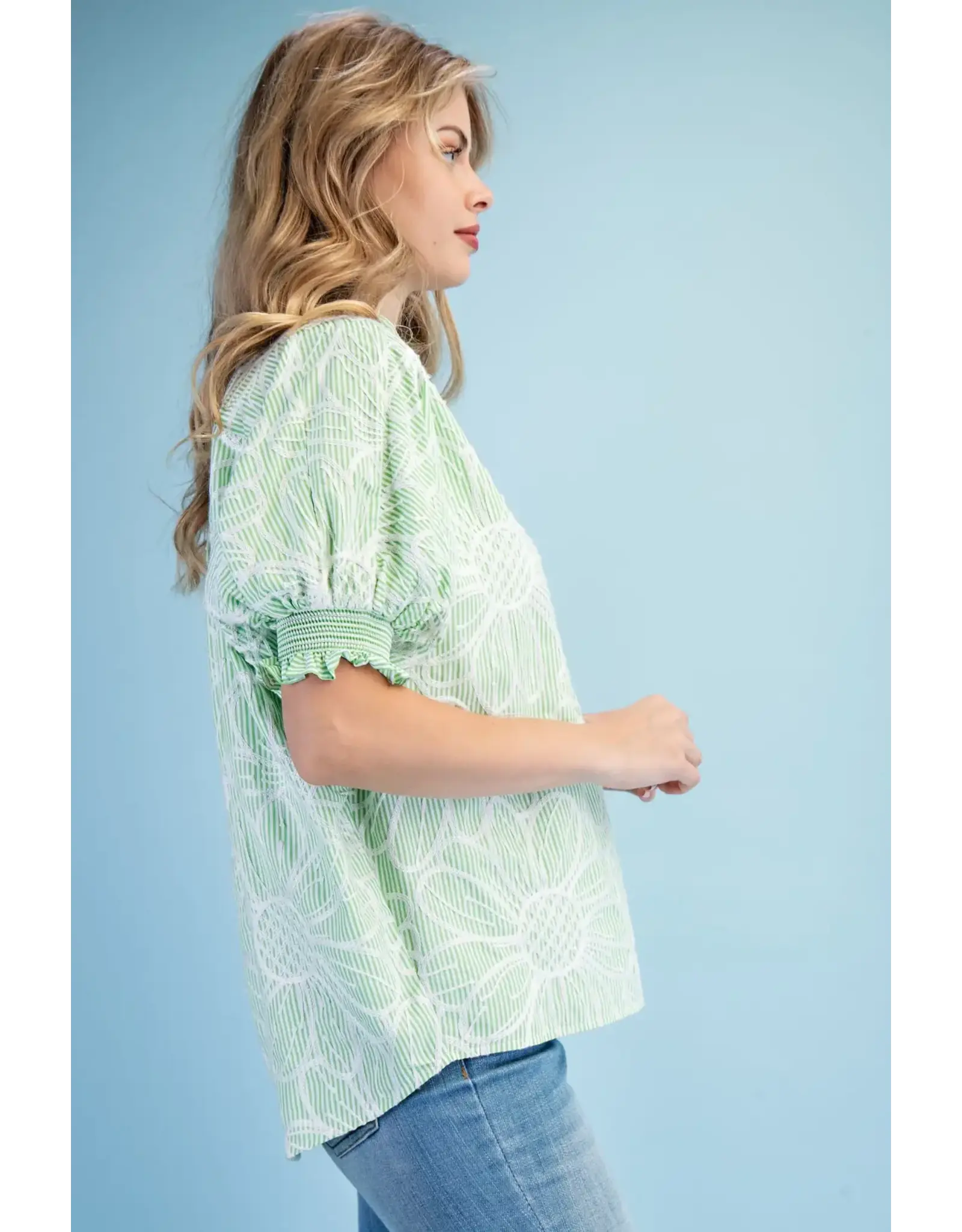Lily Striped Embroidery Floral Top Apple Green