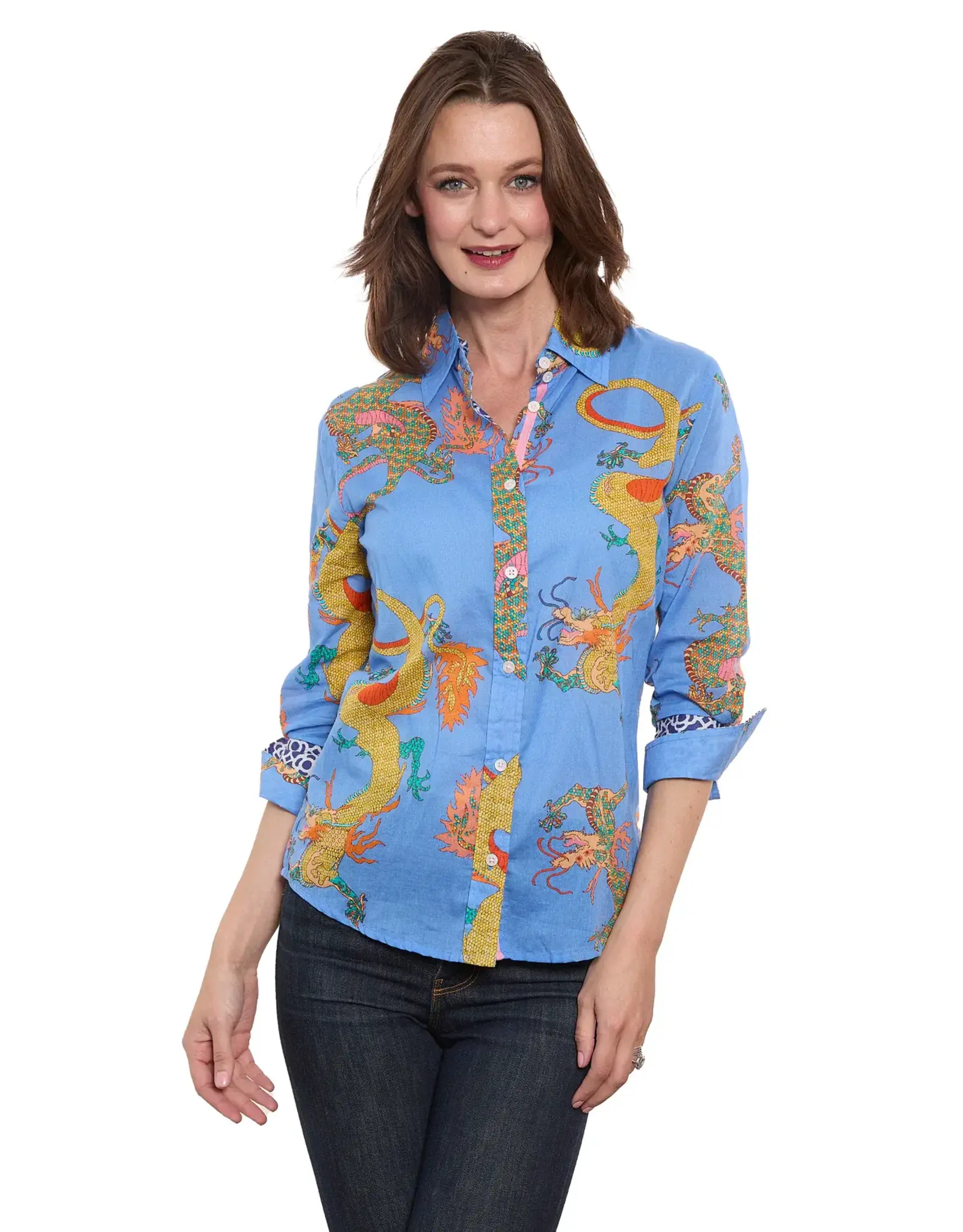 Dizzy Lizzie 3/4 Sleeve Rome Shirt French Blue Cotton Voile Dragon Print