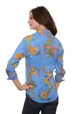 Dizzy Lizzie 3/4 Sleeve Rome Shirt French Blue Cotton Voile Dragon Print