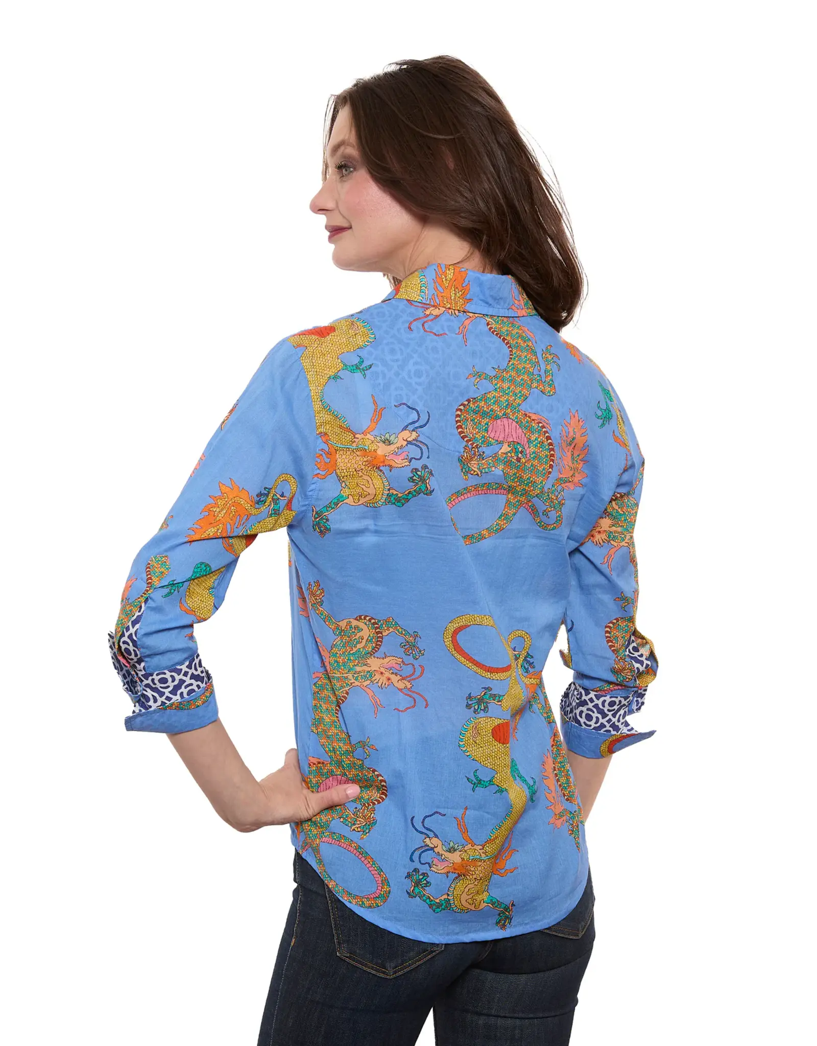 Dizzy Lizzie 3/4 Sleeve Rome Shirt French Blue Cotton Voile Dragon Print
