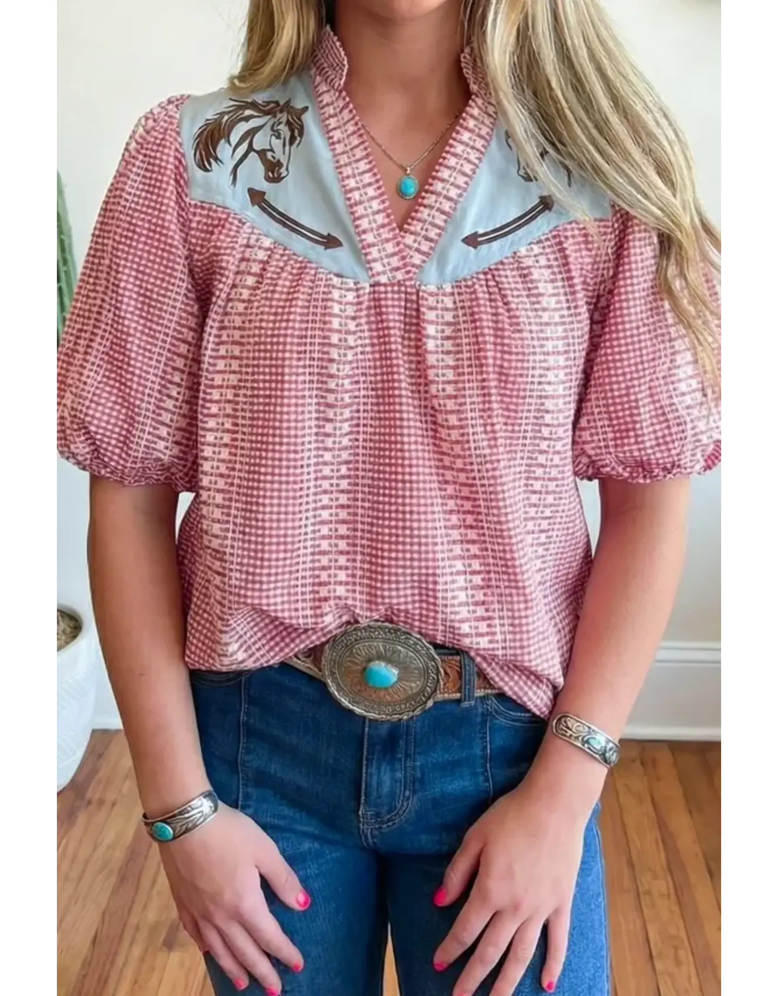 Reba Western Pony Embroidered Gingham Shirt