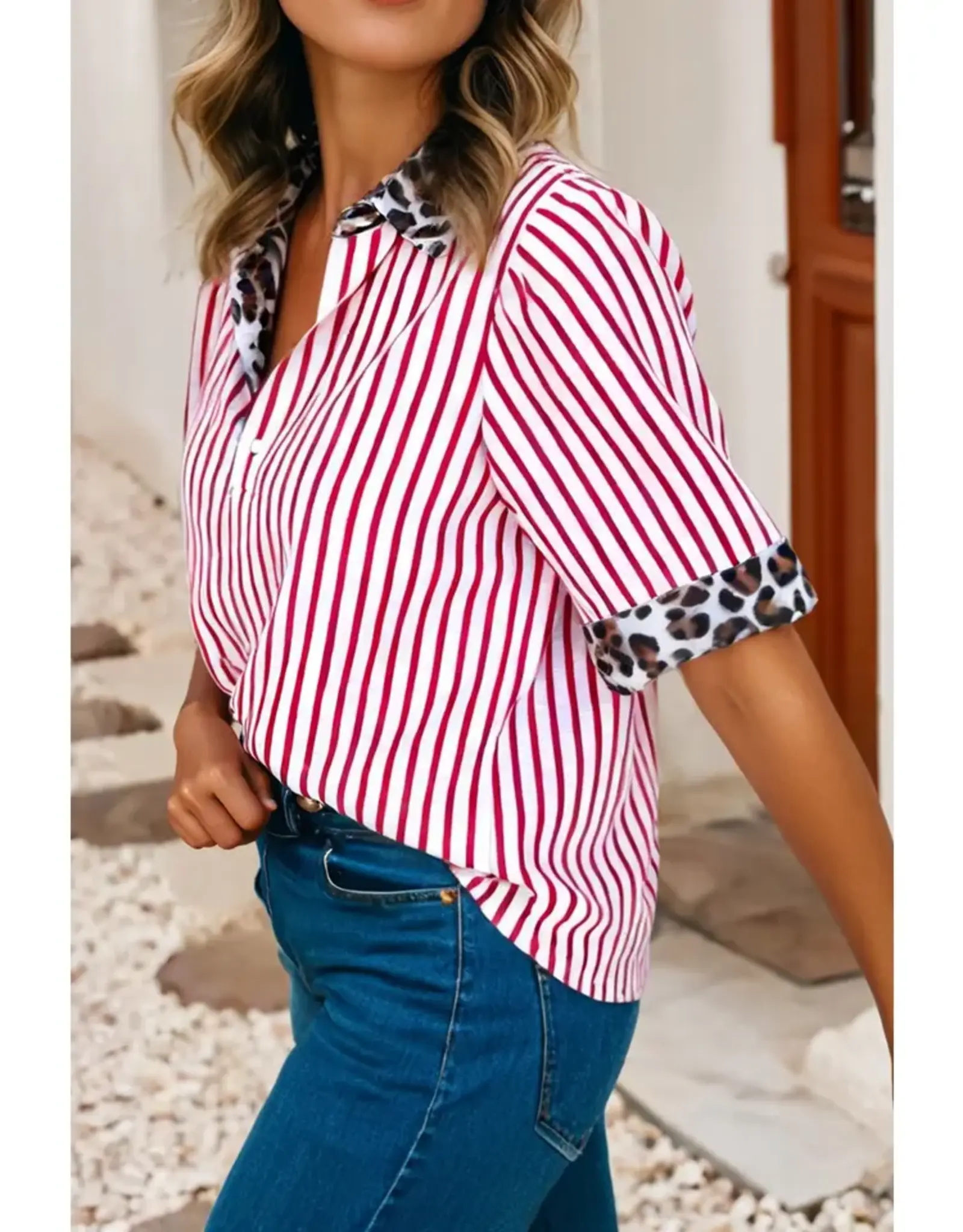 Amanda Red Stripe Leopard Trim Top