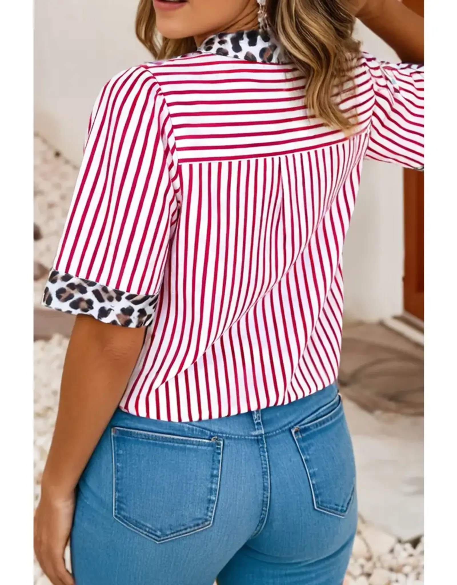 Amanda Red Stripe Leopard Trim Top