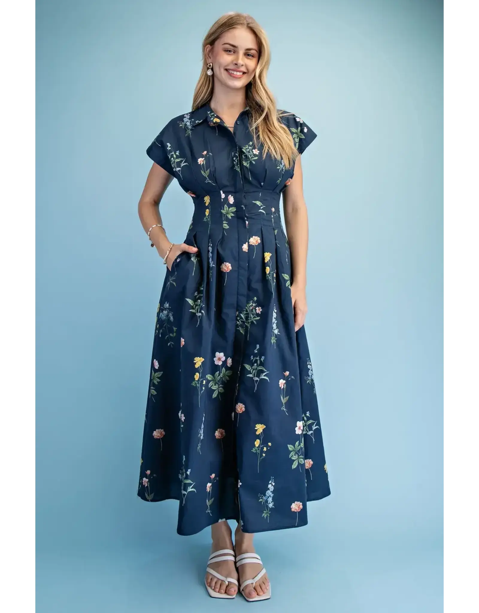 Ella Floral Midi Shirt Dress Navy
