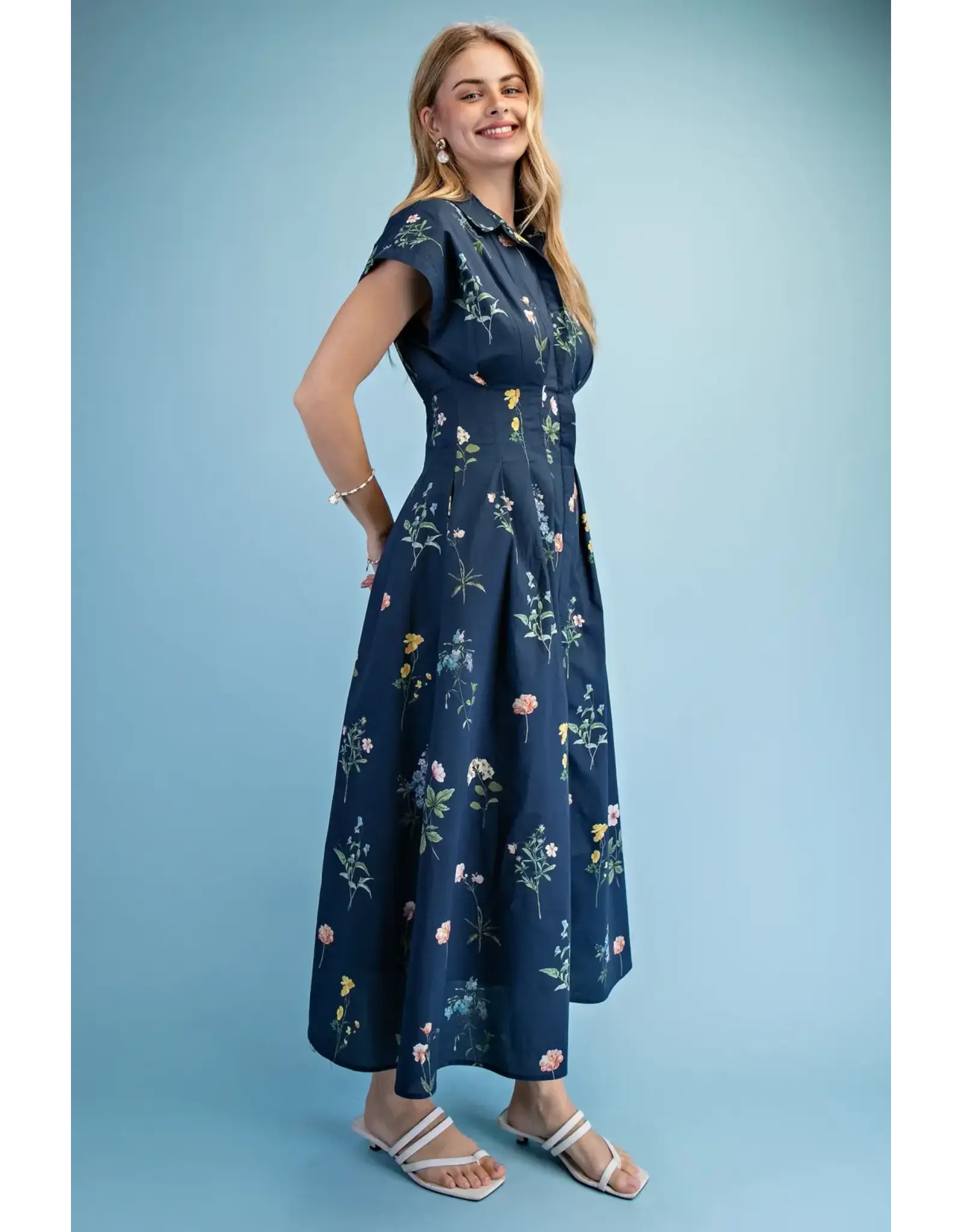 Ella Floral Midi Shirt Dress Navy