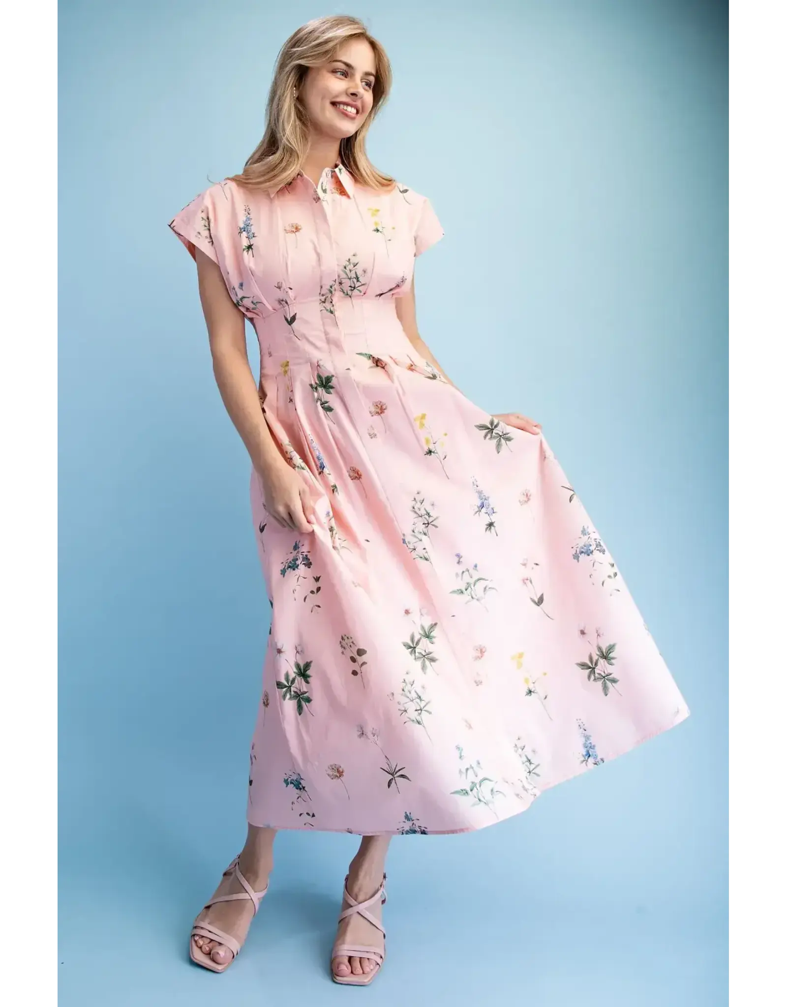Ella Floral Midi Shirt Dress Powder Pink