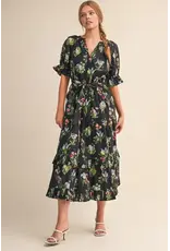Megan Floral Belted Ruffle Tiered Dress Black