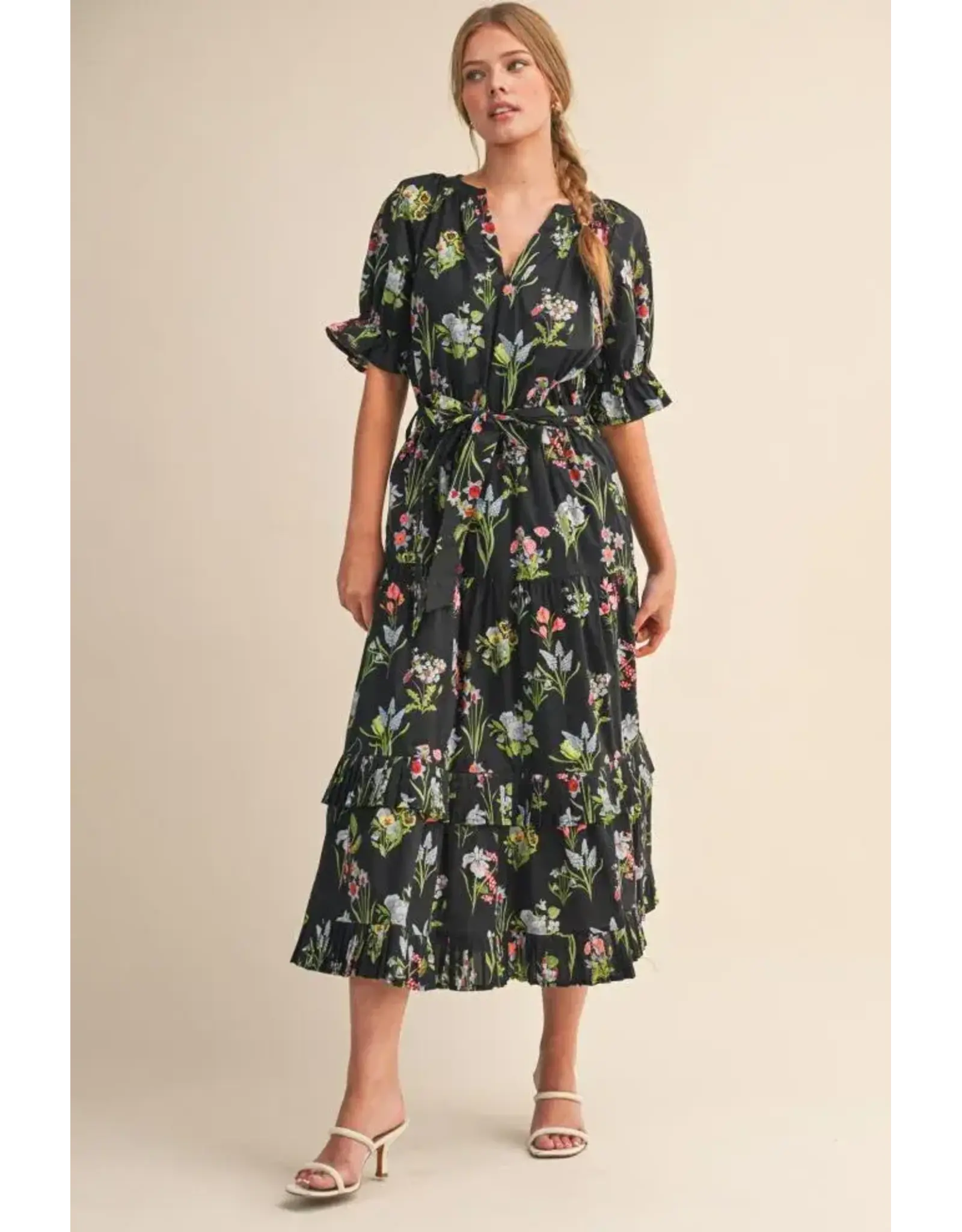 Megan Floral Belted Ruffle Tiered Dress Black
