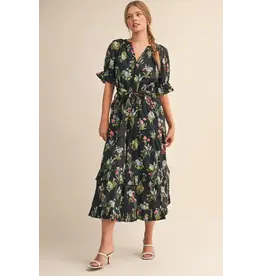Megan Floral Belted Ruffle Tiered Dress Black