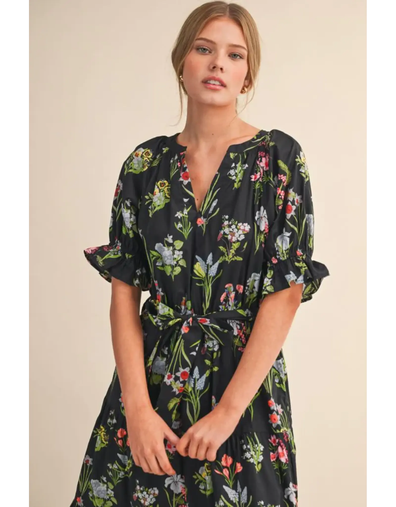 Megan Floral Belted Ruffle Tiered Dress Black