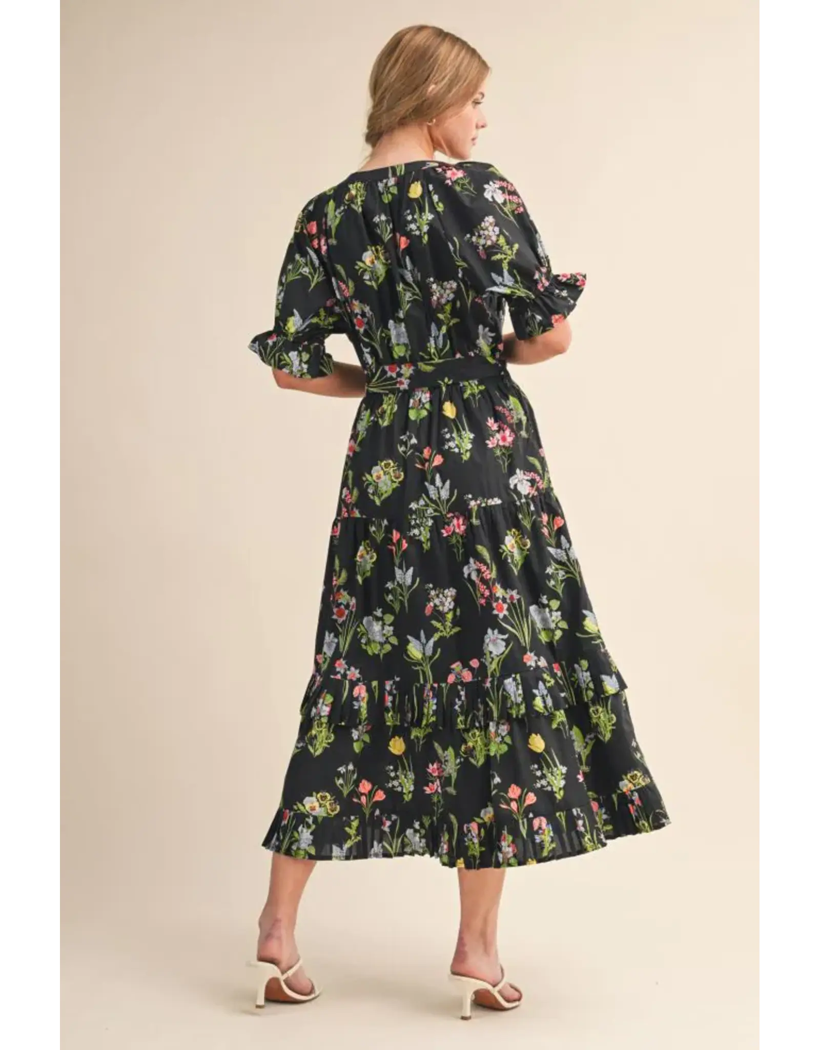 Megan Floral Belted Ruffle Tiered Dress Black