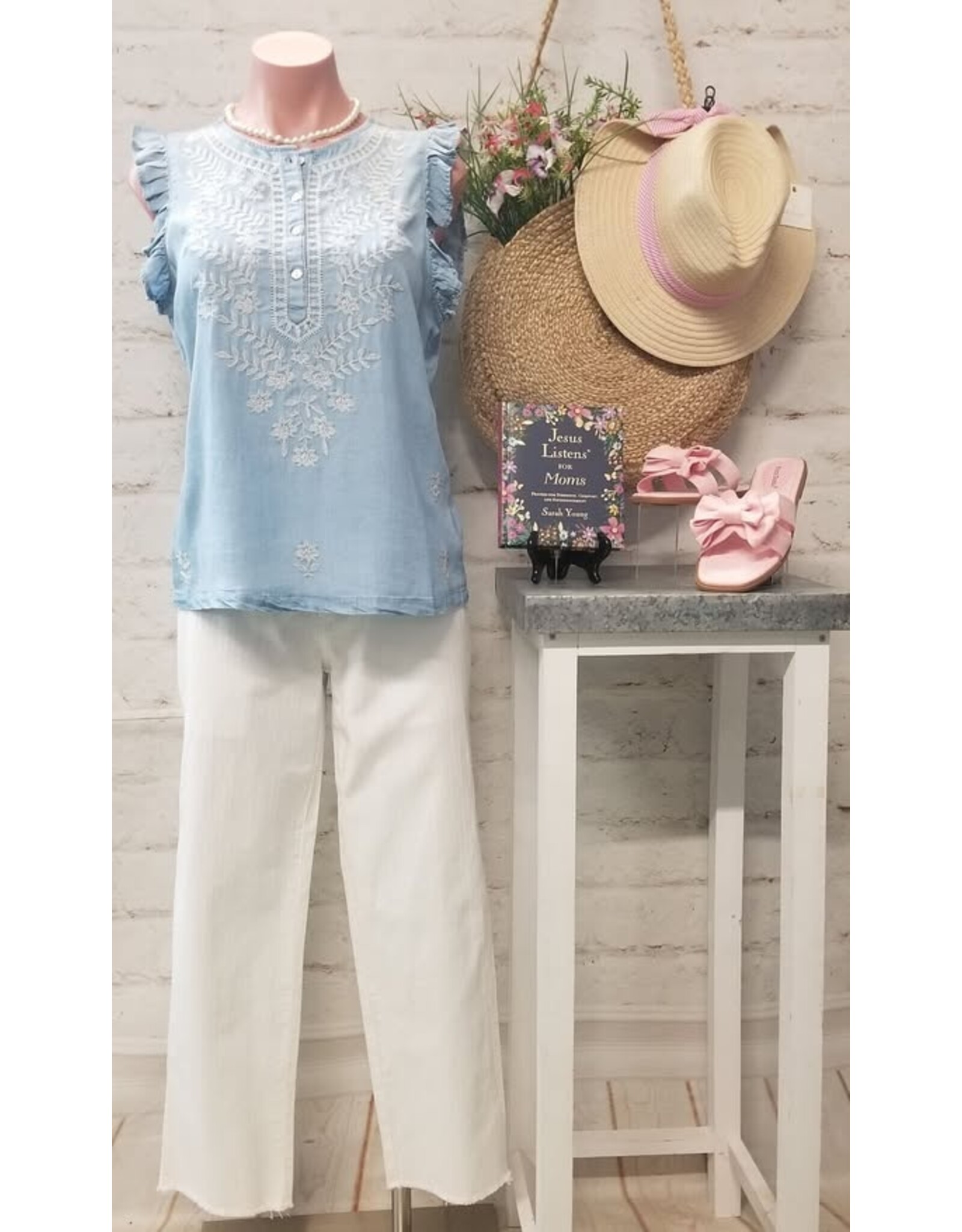 Dear John Denim Dear John Nicola Sleeveless Embroidered Henley Top Carolina Blue