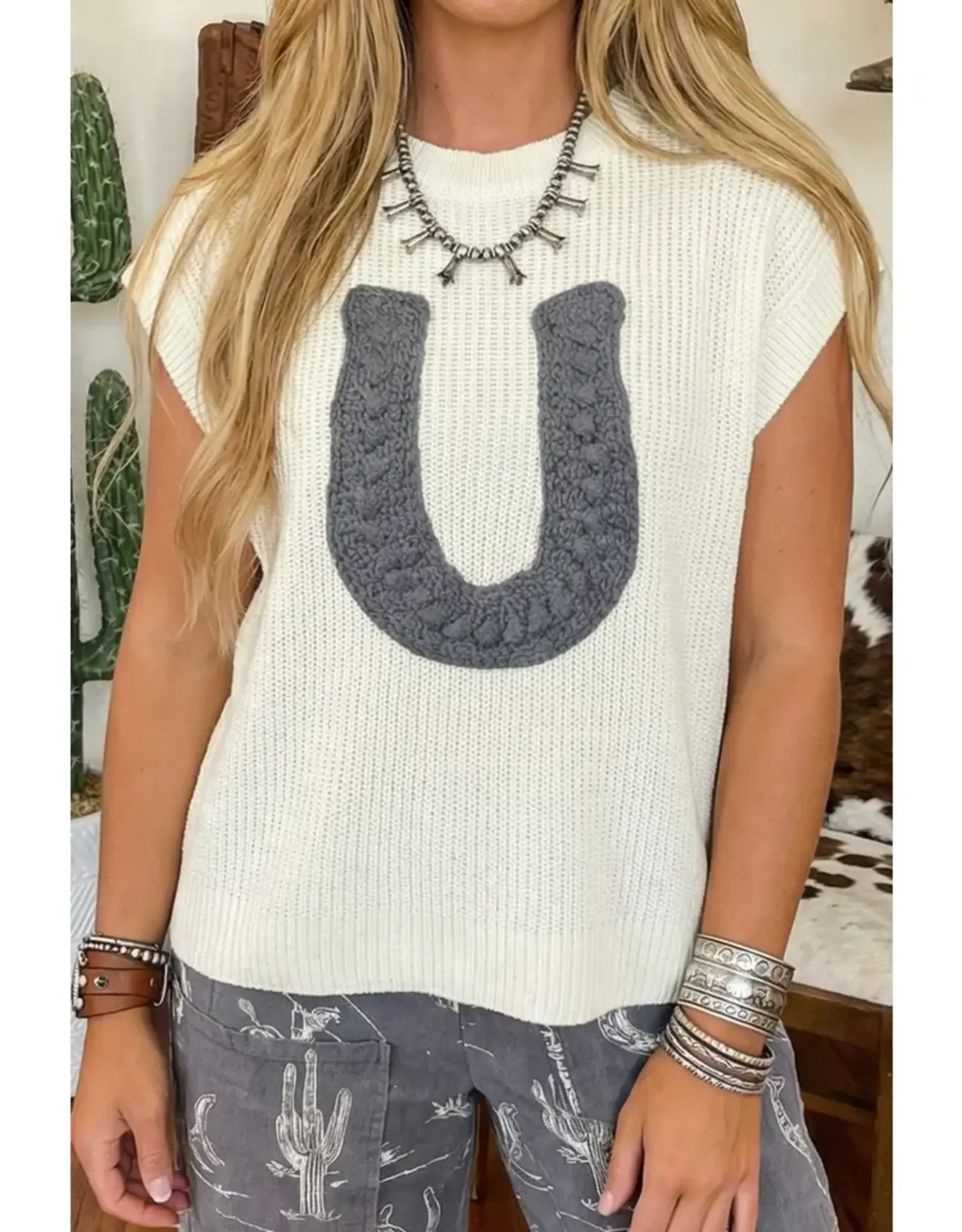 Cara Crochet Horseshoe Knit Sweater