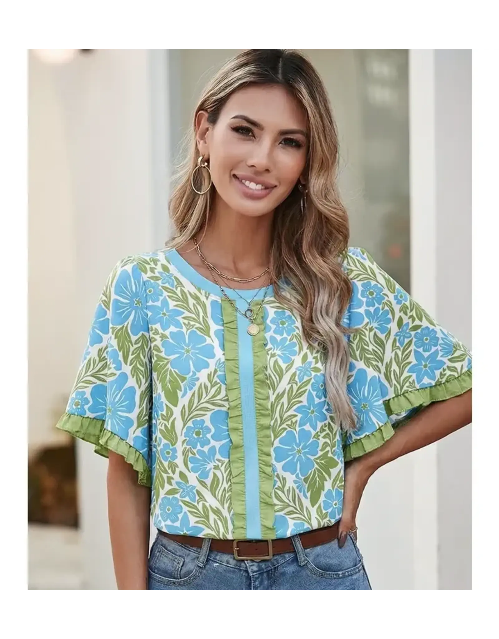 Francie Floral Print Turquoise Top