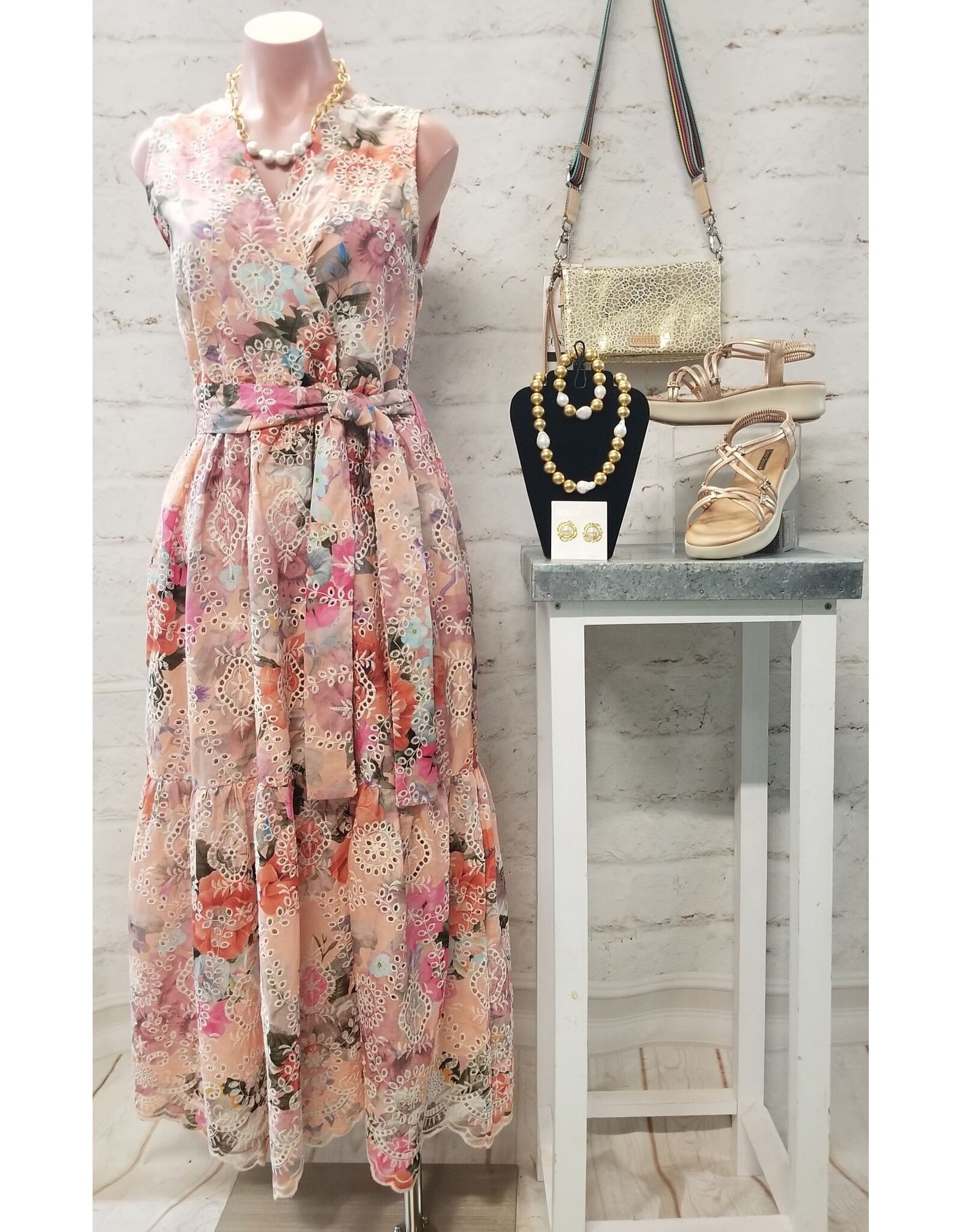Lanai Floral Eyelet Peach Dress