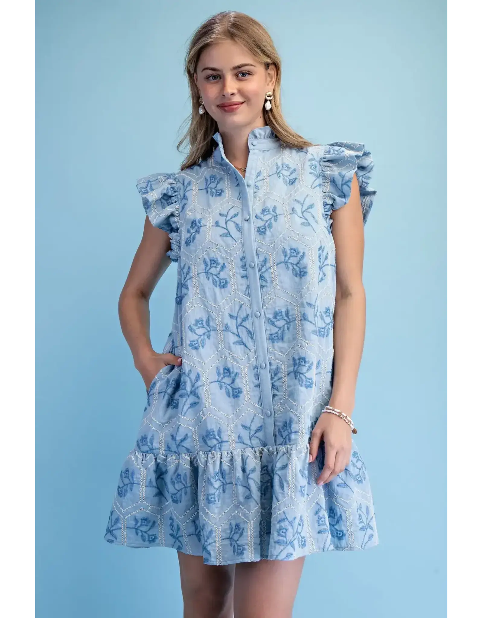 Bonnie Embroidered Button Down Dress Sky