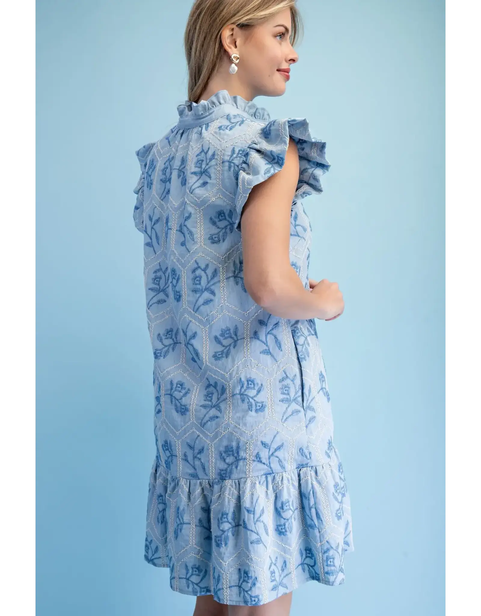 Bonnie Embroidered Button Down Dress Sky