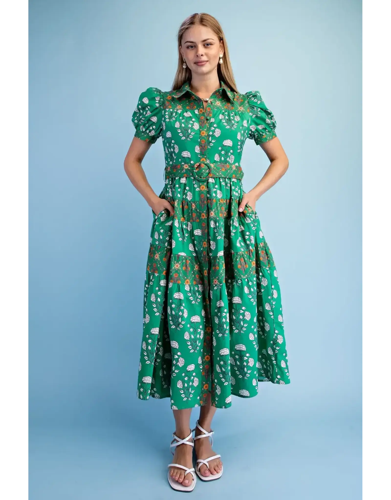 Chloe Midi Shirt  Dress Green Floral Mix