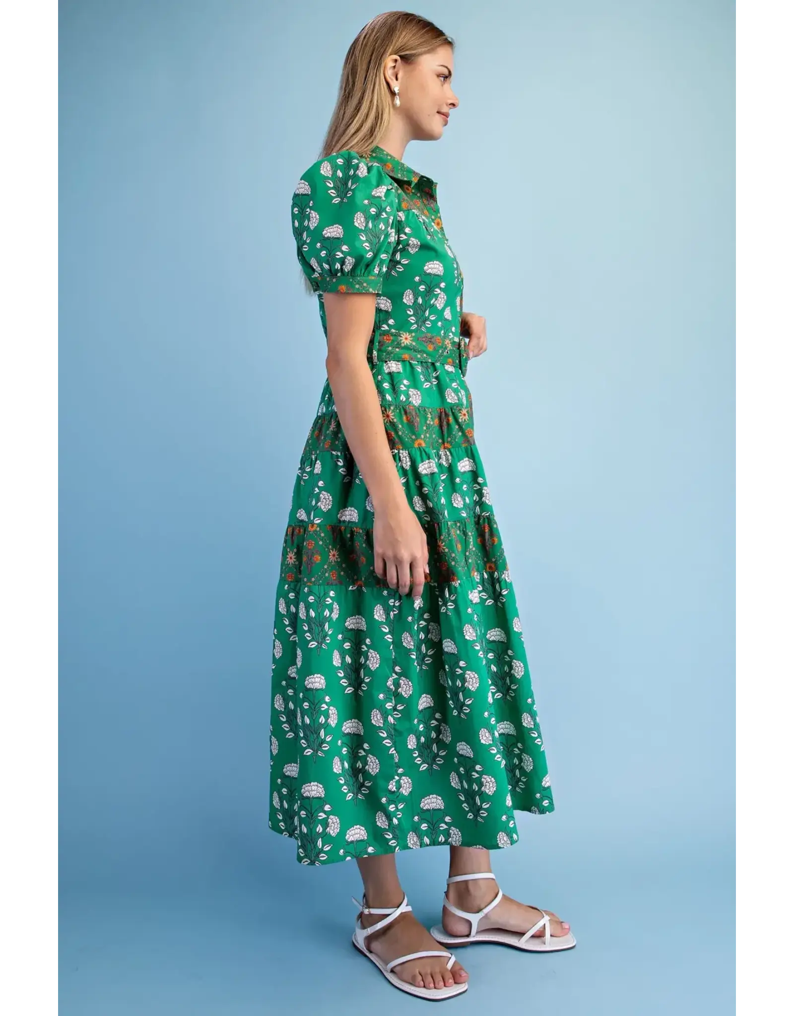 Chloe Midi Shirt  Dress Green Floral Mix