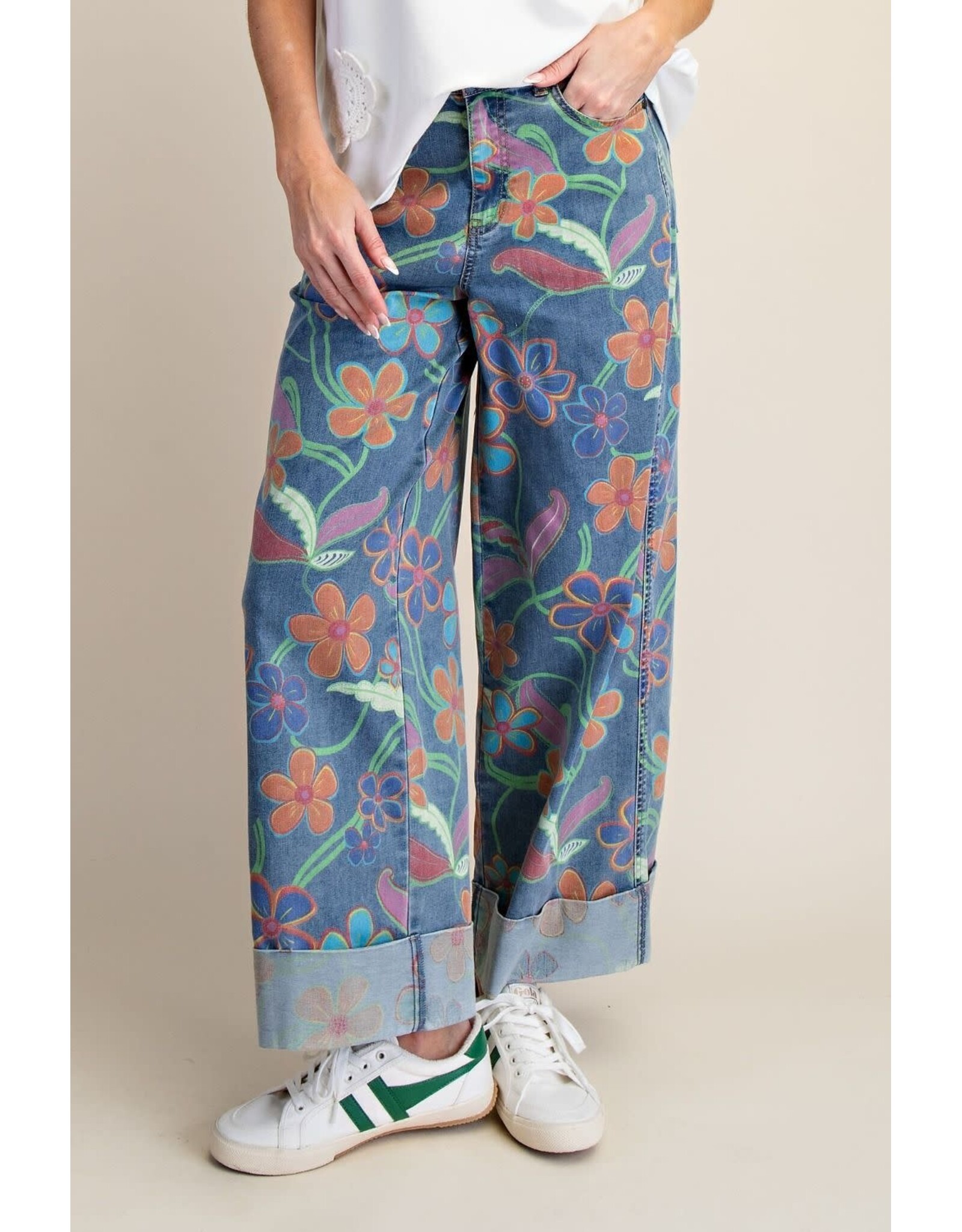 Maeve Floral Print Wide Leg Cuffed Jeans