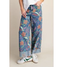 Maeve Floral Print Wide Leg Cuffed Jeans