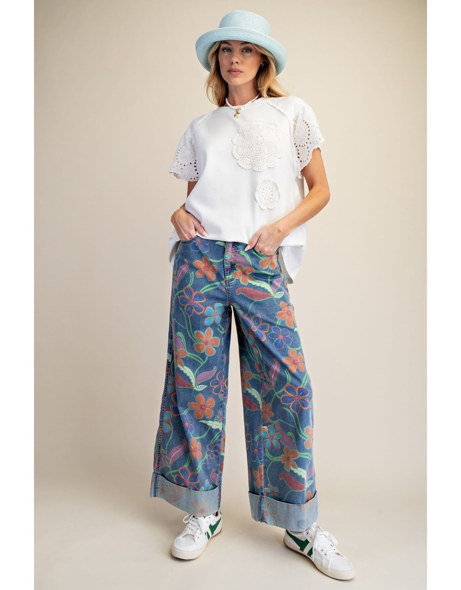 Maeve Floral Print Wide Leg Cuffed Jeans