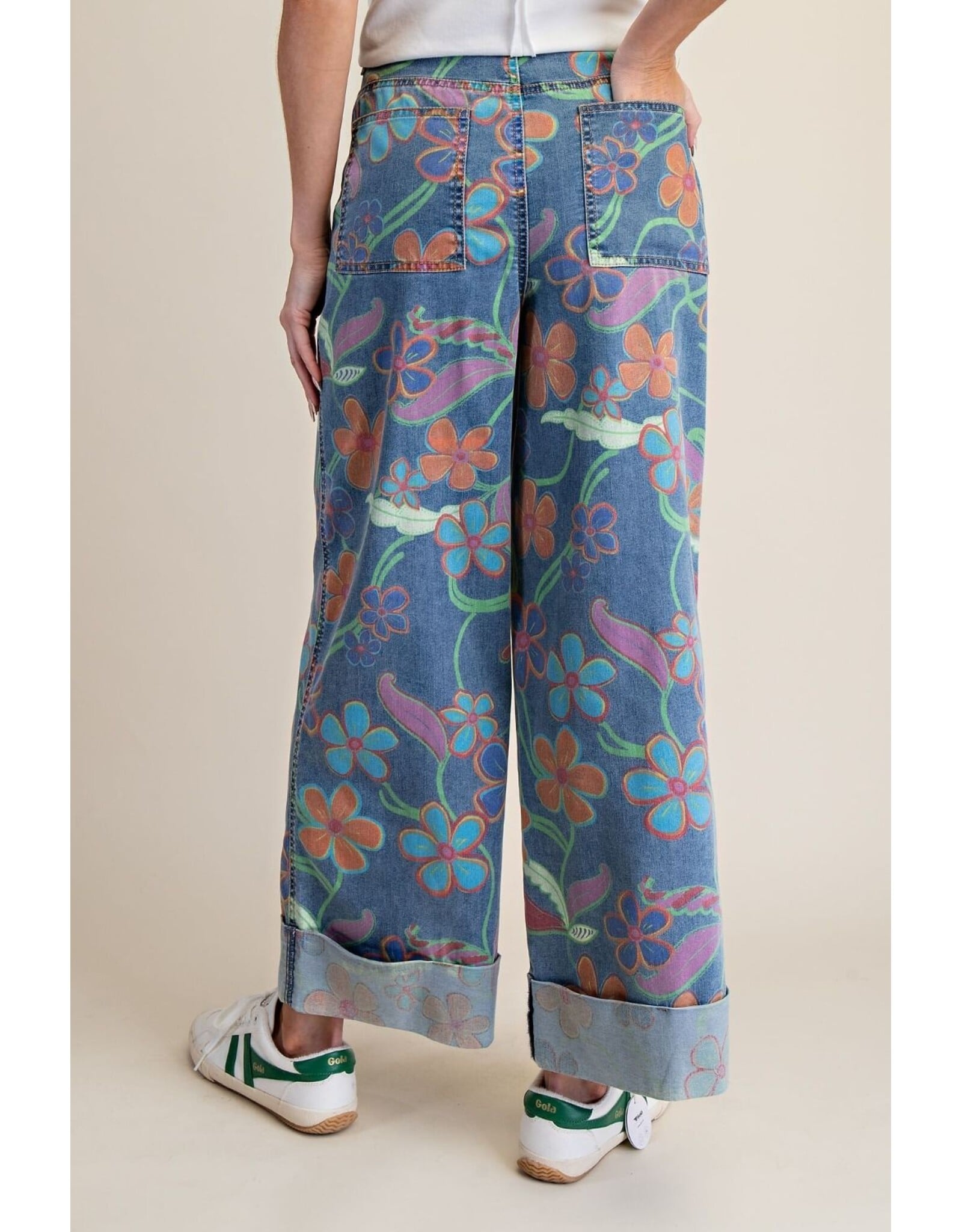 Maeve Floral Print Wide Leg Cuffed Jeans