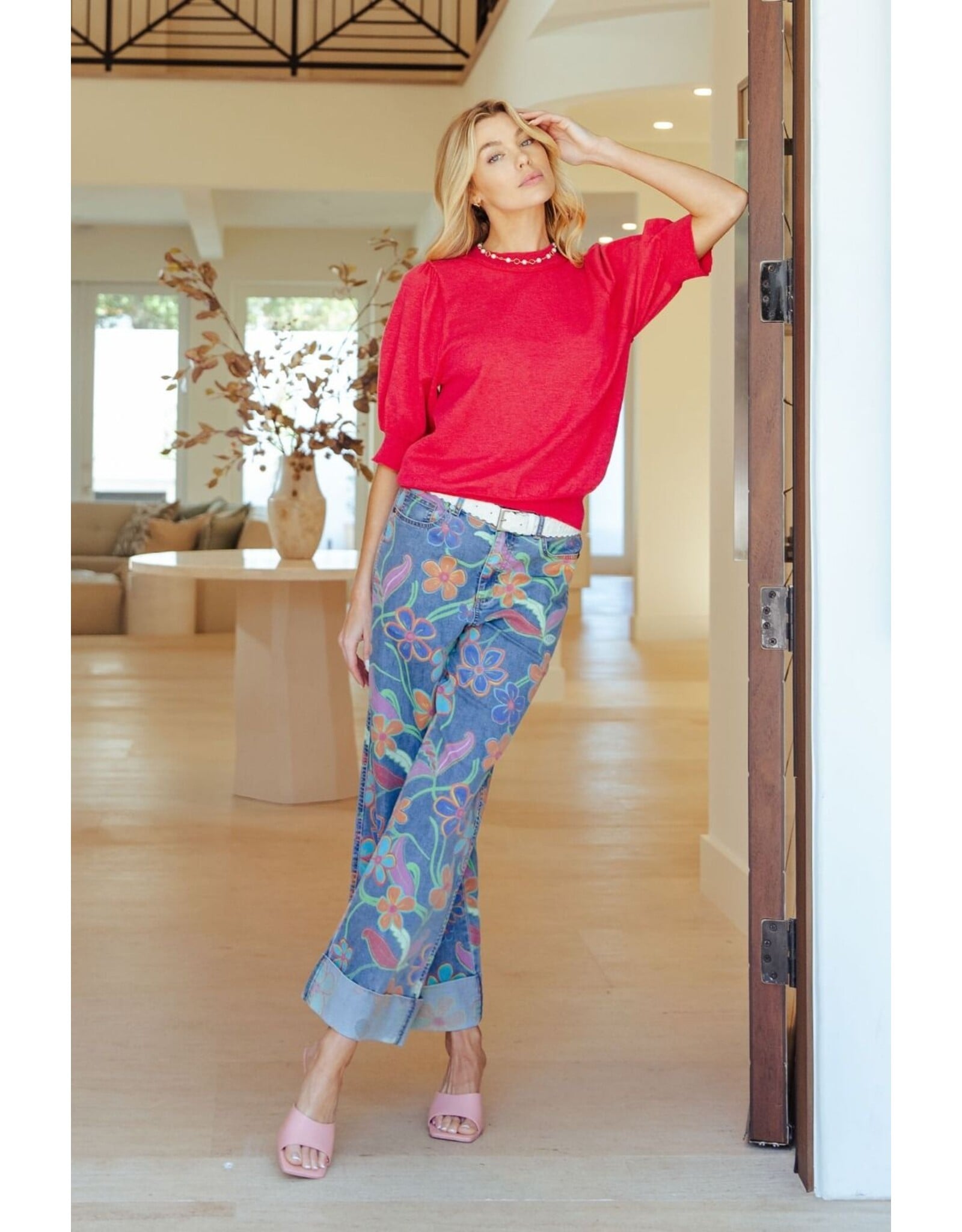 Maeve Floral Print Wide Leg Cuffed Jeans