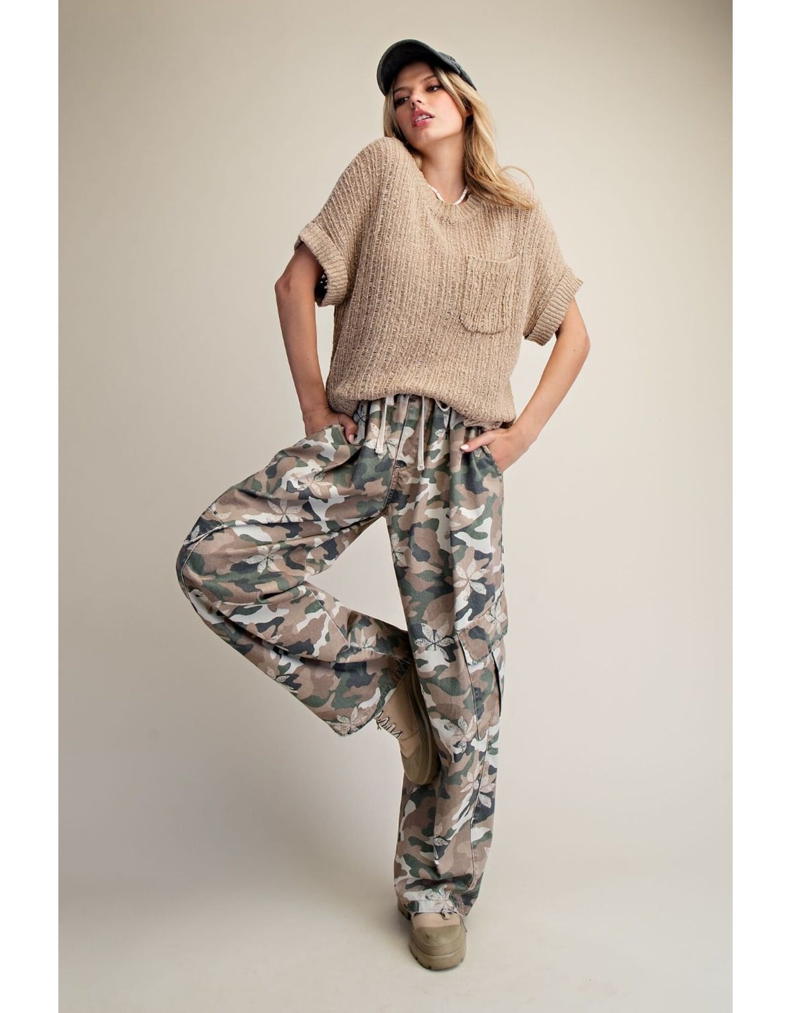 Camouflage Print Washed Twill Cargo Pants