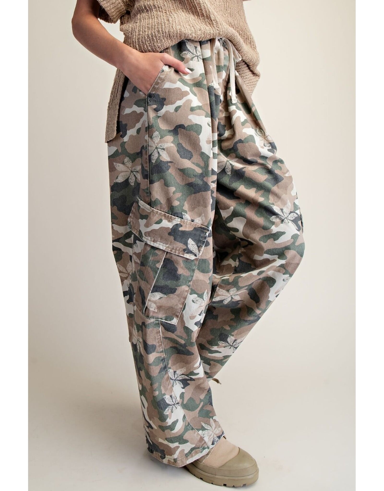 Camouflage Print Washed Twill Cargo Pants