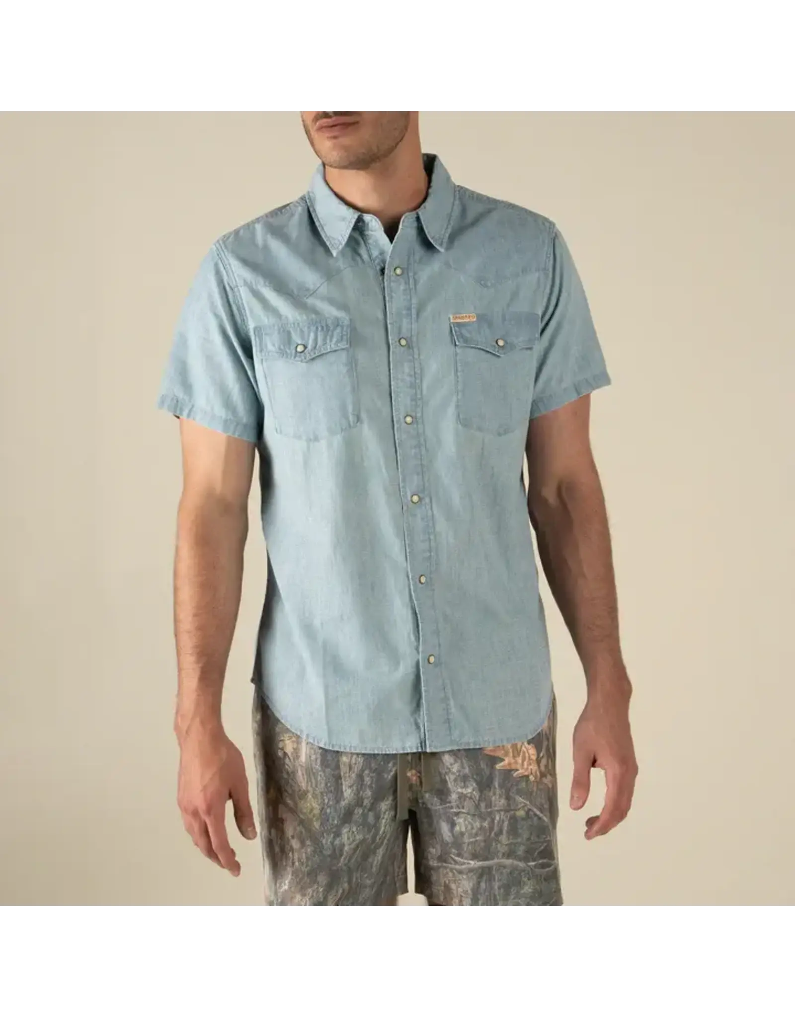 Sendero Wyatt Pearl Snap Short Sleeve Denim Shirt Washed Indigo