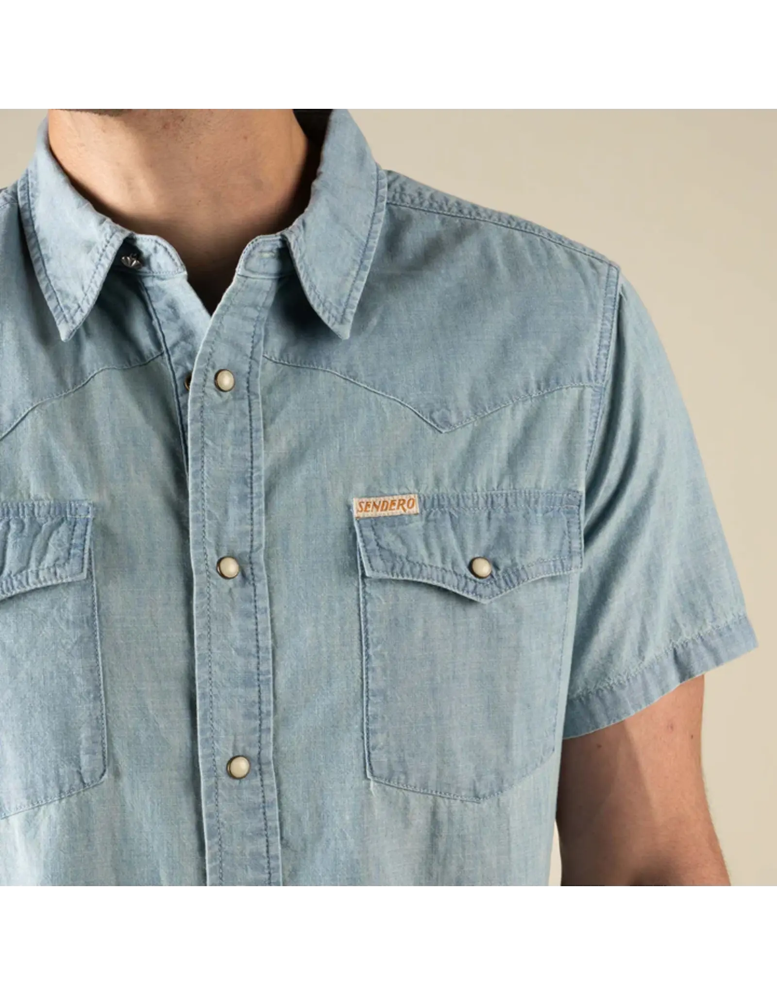 Sendero Wyatt Pearl Snap Short Sleeve Denim Shirt Washed Indigo