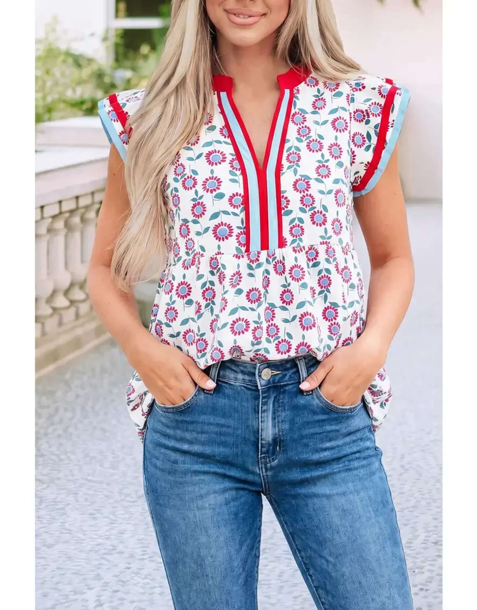 Sunflower Contrast Trim V-Neck Flutter Sleeve Blouse