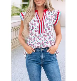 Sunflower Contrast Trim V-Neck Flutter Sleeve Blouse