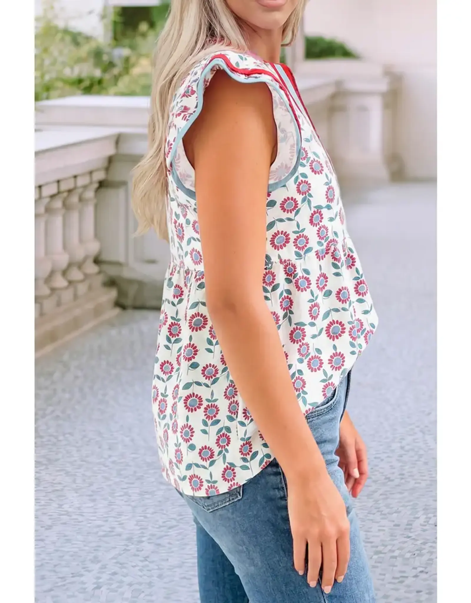 Sunflower Contrast Trim V-Neck Flutter Sleeve Blouse