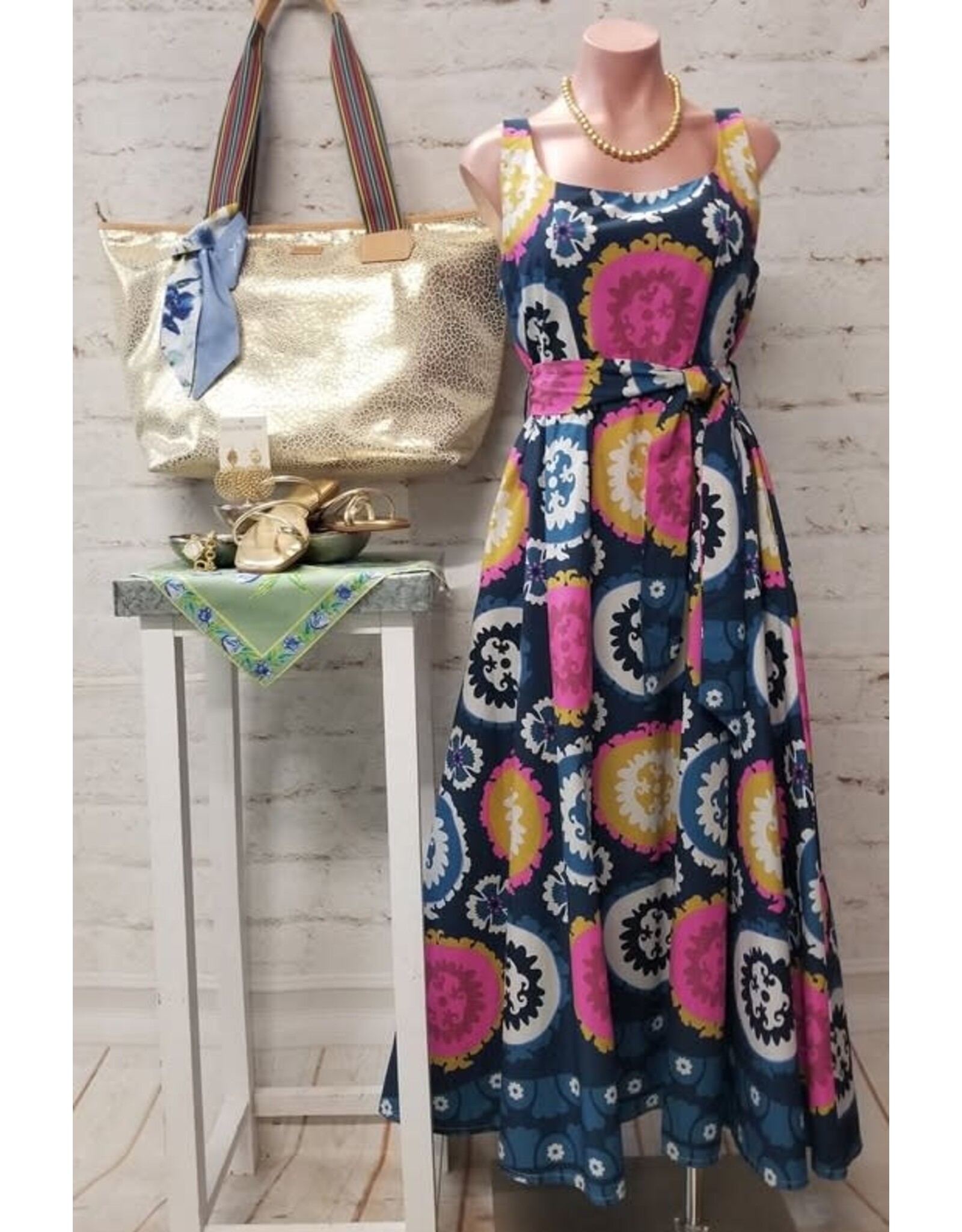 Luciana Navy Multi-Print Belted Tank Dress