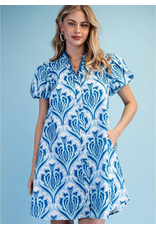Marina Button Down Ruffle V-Neck Puff Sleeve Dress Sky Blue Navy