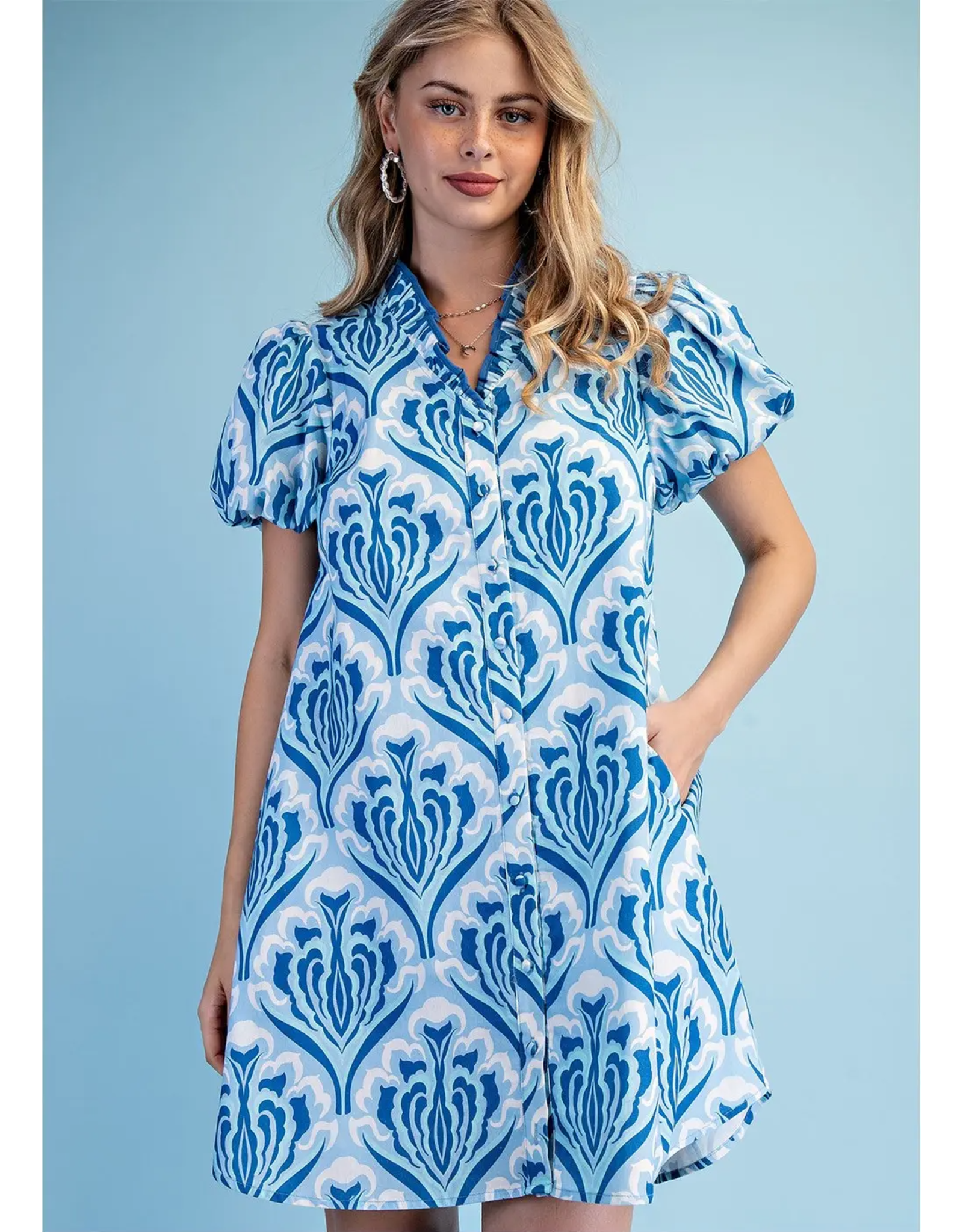Marina Button Down Ruffle V-Neck Puff Sleeve Dress Sky Blue Navy