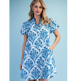Marina Button Down Ruffle V-Neck Puff Sleeve Dress Sky Blue Navy