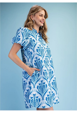 Marina Button Down Ruffle V-Neck Puff Sleeve Dress Sky Blue Navy