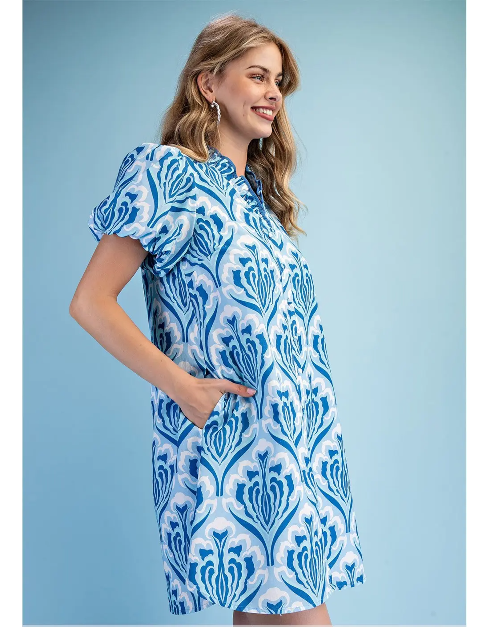 Marina Button Down Ruffle V-Neck Puff Sleeve Dress Sky Blue Navy