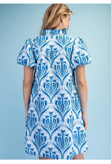 Marina Button Down Ruffle V-Neck Puff Sleeve Dress Sky Blue Navy