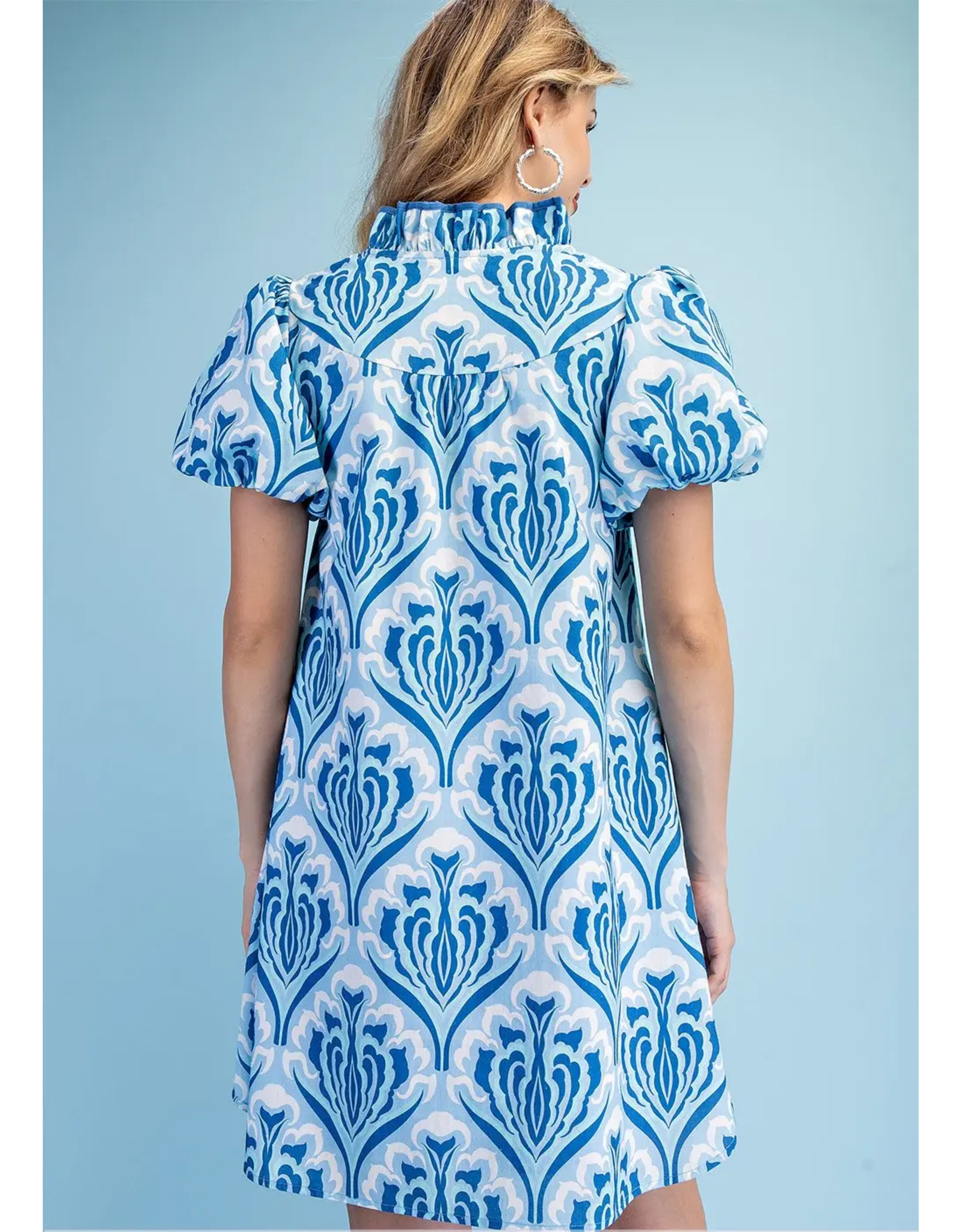 Marina Button Down Ruffle V-Neck Puff Sleeve Dress Sky Blue Navy