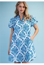 Marina Button Down Ruffle V-Neck Puff Sleeve Dress Sky Blue Navy