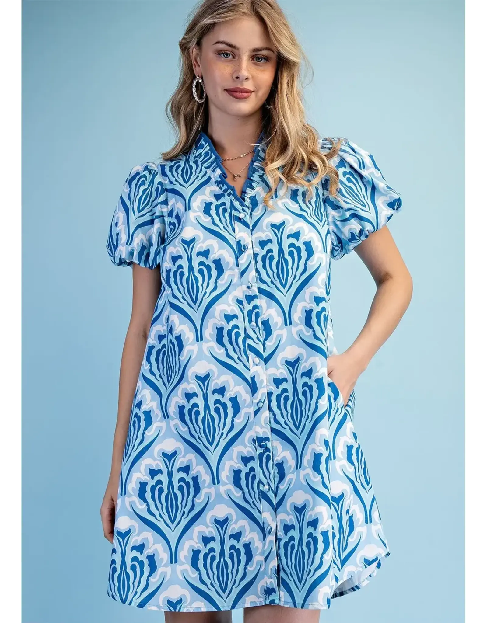 Marina Button Down Ruffle V-Neck Puff Sleeve Dress Sky Blue Navy