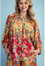Ravenna Retro Floral Loose Button Down Blouse