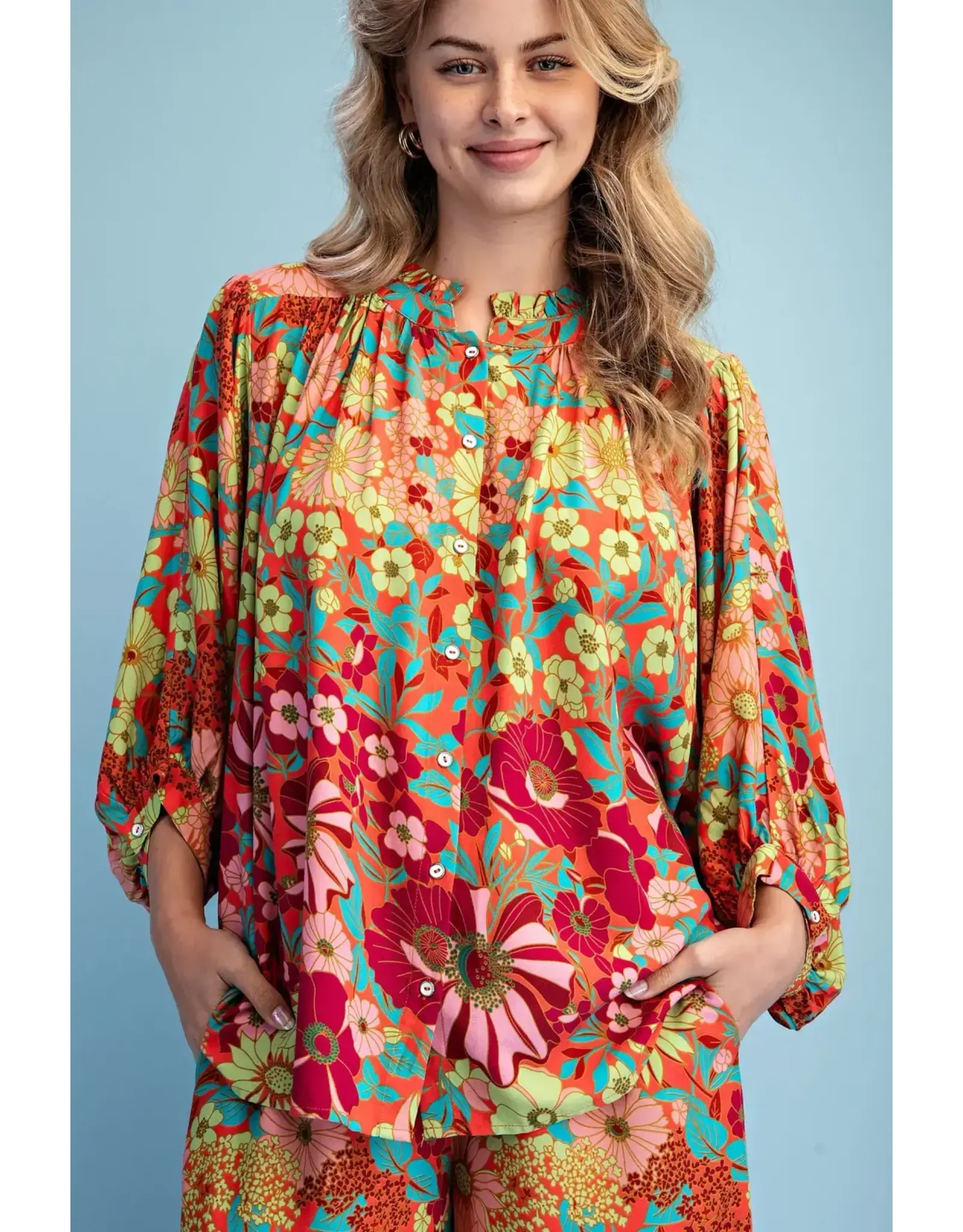 Ravenna Retro Floral Loose Button Down Blouse