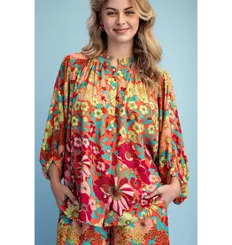Ravenna Retro Floral Loose Button Down Blouse