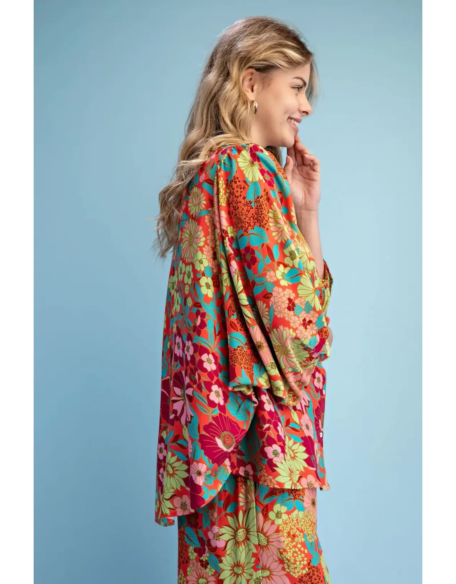 Ravenna Retro Floral Loose Button Down Blouse
