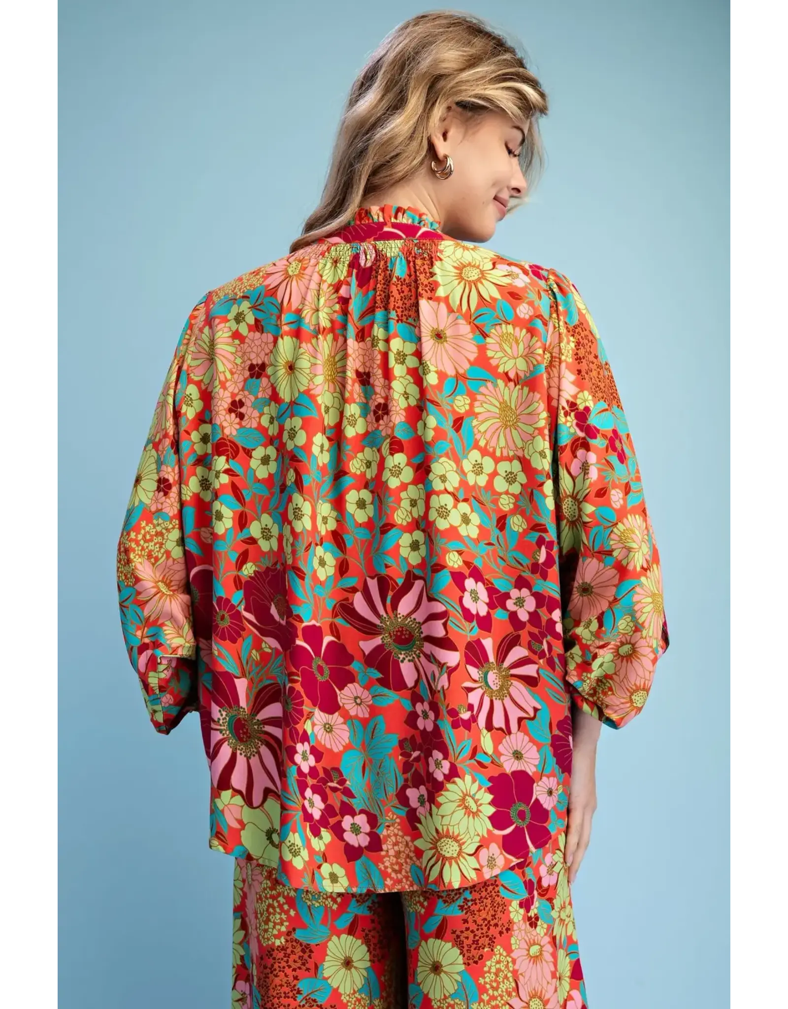 Ravenna Retro Floral Loose Button Down Blouse